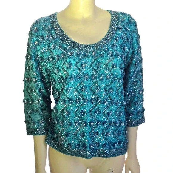Vintage 60s Wool Beaded Sequin Sweater Back Zip Turquoise Silk-lined By Cavanagh